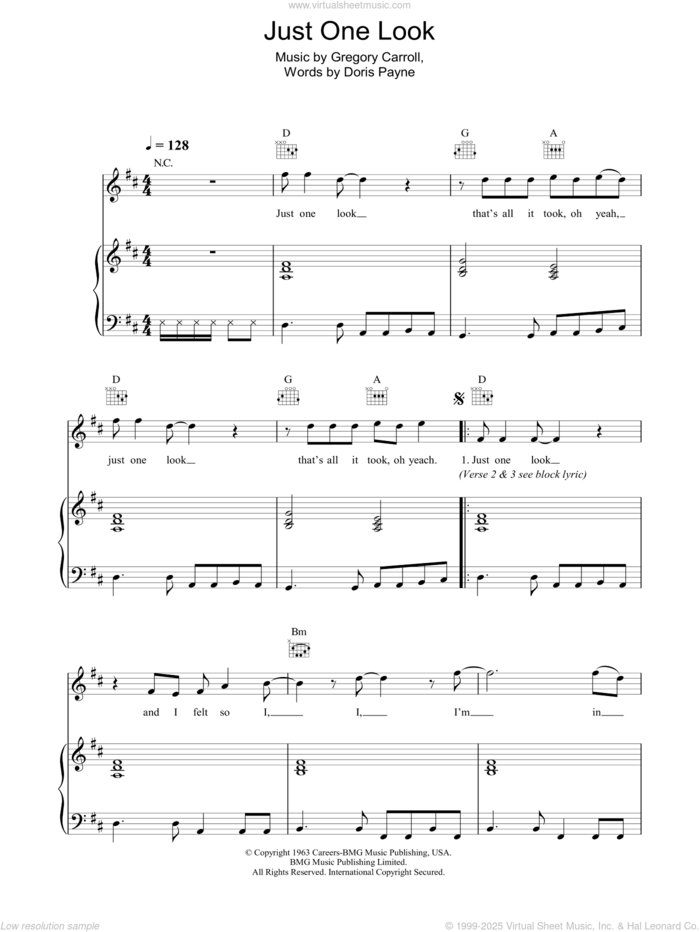 Just One Look sheet music for voice, piano or guitar by The Hollies, Doris Payne and Gregory Carroll, intermediate skill level