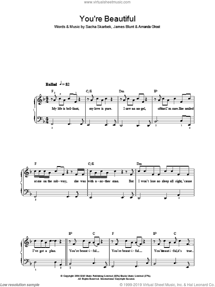You're Beautiful sheet music for voice, piano or guitar by James Blunt, Amanda Ghost and Sacha Skarbek, intermediate skill level