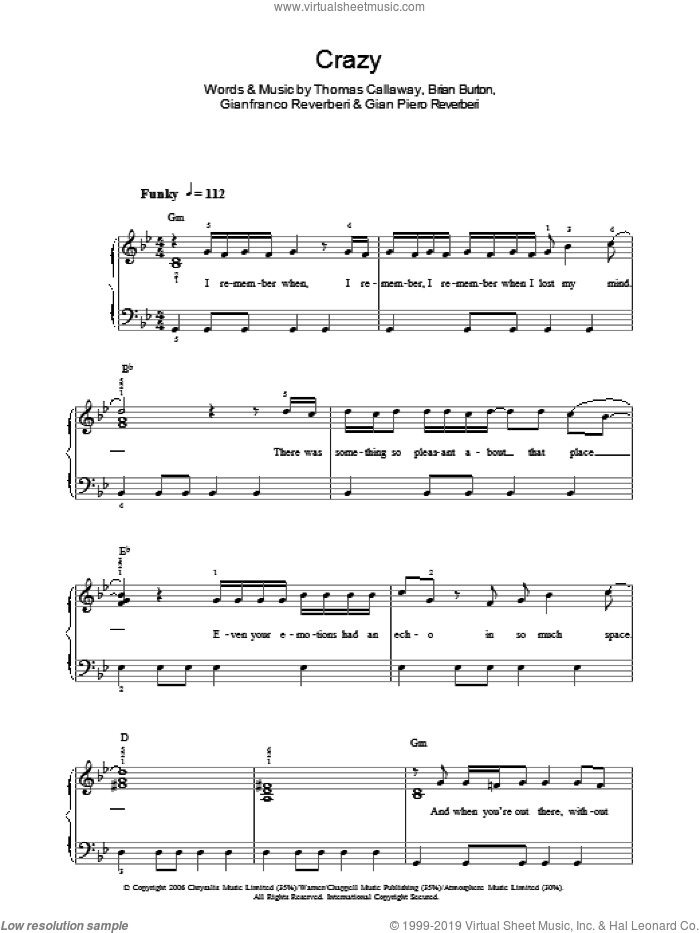 Crazy sheet music for piano solo by Gnarls Barkley, Brian Burton, Gian Piero Reverberi, Gianfranco Reverberi and Thomas Callaway, easy skill level