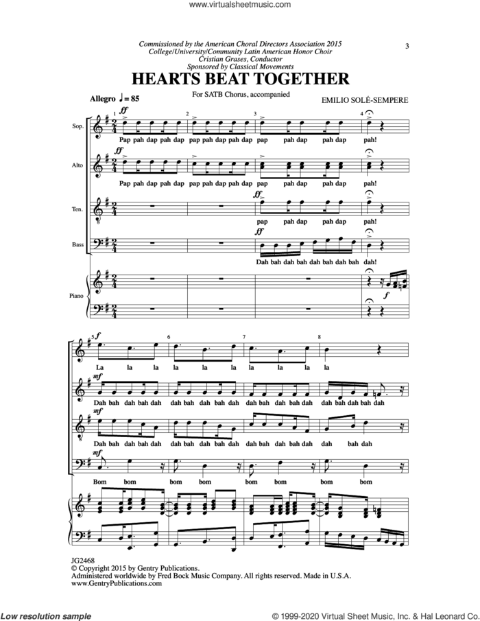 Hearts Beat Together sheet music for choir (SATB: soprano, alto, tenor, bass) by Emilio Sole-Sempere, intermediate skill level