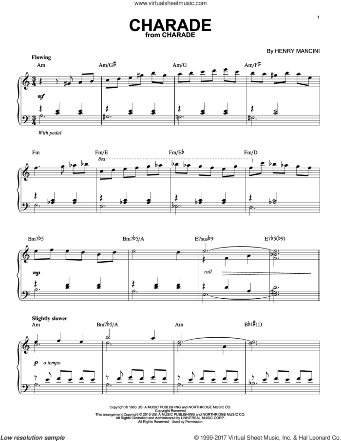 Charade [Jazz version] (arr. Brent Edstrom) sheet music for piano solo by Henry Mancini, intermediate skill level