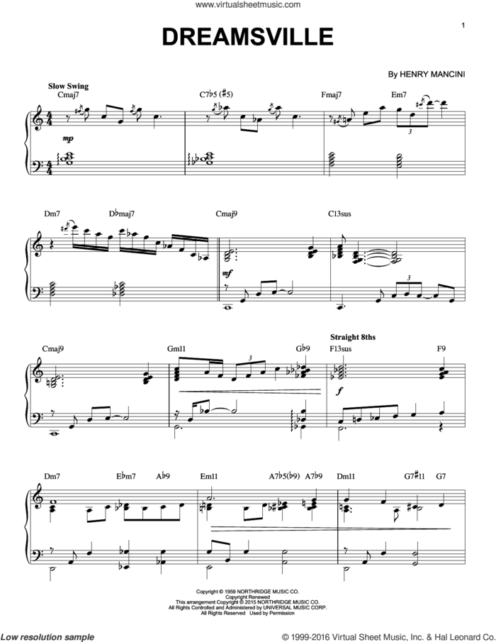 Dreamsville [Jazz version] (arr. Brent Edstrom) sheet music for piano solo by Henry Mancini, intermediate skill level