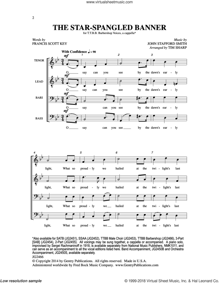 The Star-Spangled Banner sheet music for choir (TTBB: tenor, bass) by Tim Sharp, Francis Scott Key and John Stafford Smith, intermediate skill level