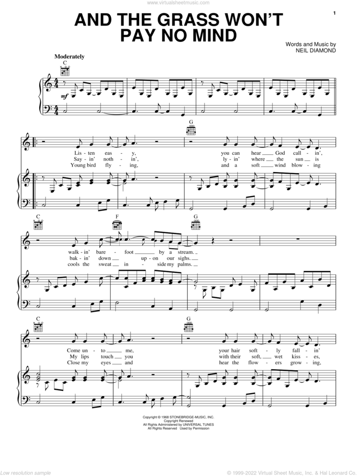 And The Grass Won't Pay No Mind sheet music for voice, piano or guitar by Elvis Presley, Mark Lindsay and Neil Diamond, intermediate skill level