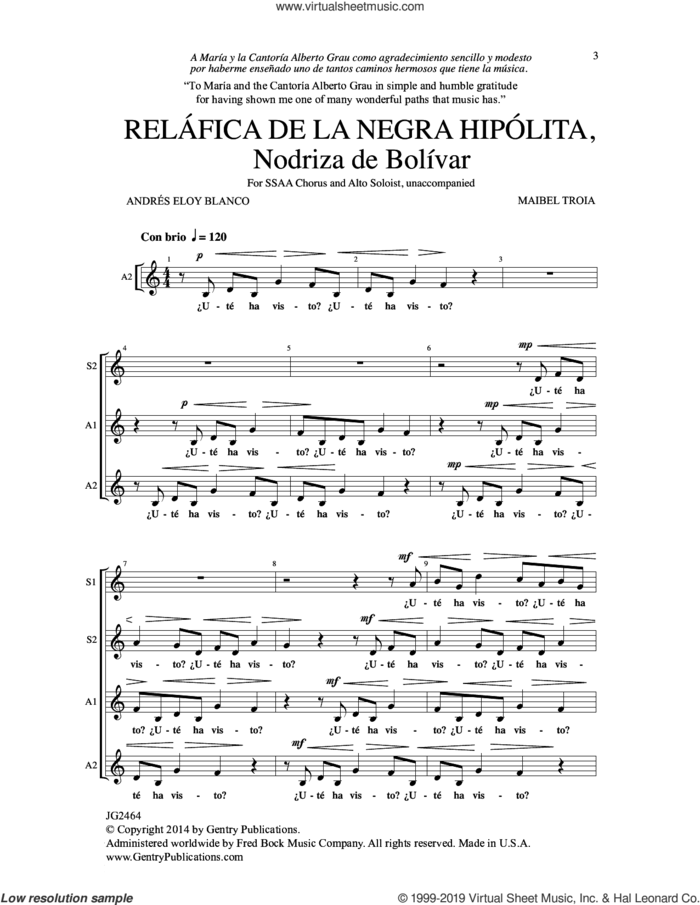 Relafica De La Negra Hipolita sheet music for choir (SSAA: soprano, alto) by Andres Eloy Blanco and Maibel Troia, intermediate skill level