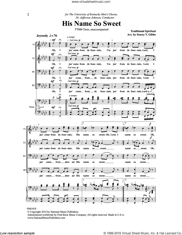 His Name So Sweet sheet music for choir (TTBB: tenor, bass) by Stacey V. Gibbs, intermediate skill level