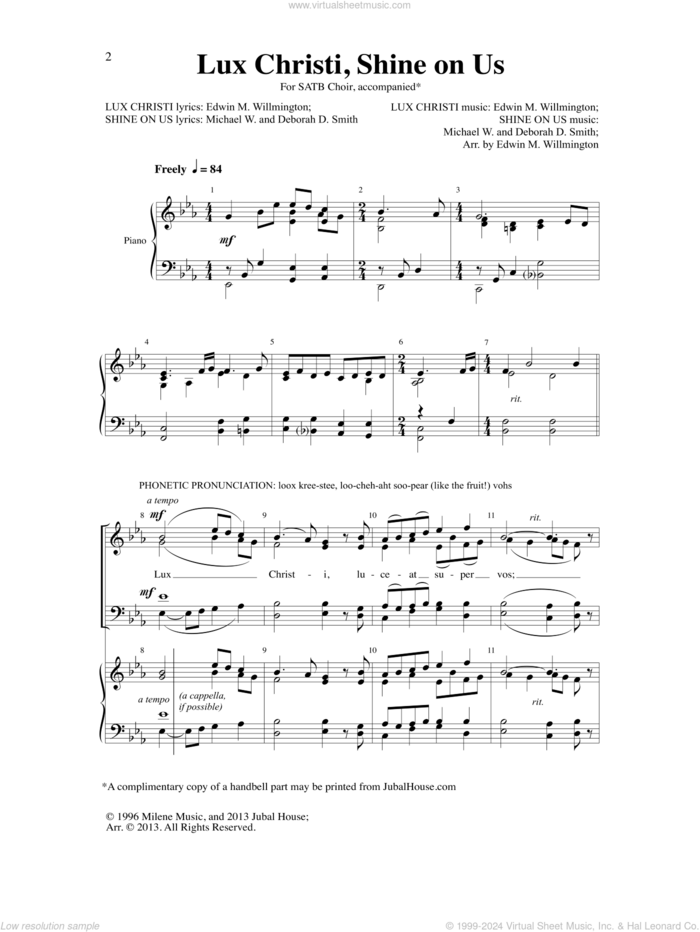 Lux Christi, Shine on Us sheet music for choir (SATB: soprano, alto, tenor, bass) by Michael W. Smith, Edwin Wilmington, Michael W. Smith/ Deborah D. Smith/ Edwin M. Willmington, Deborah D. Smith and Edwin M. Willmington, intermediate skill level