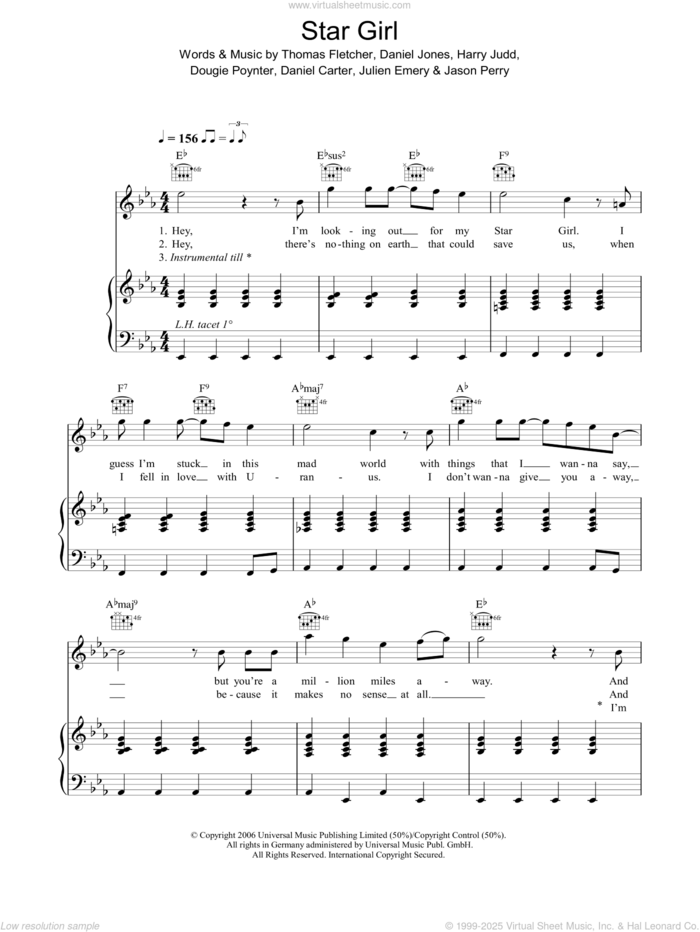 Star Girl sheet music for voice, piano or guitar by McFly, Daniel Carter, Danny Jones, Dougie Poynter, Harry Judd, Jason Perry, Julien Emery and Thomas Fletcher, intermediate skill level