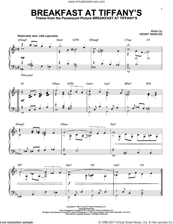 Breakfast At Tiffany's [Jazz version] (arr. Brent Edstrom) sheet music for piano solo by Henry Mancini, intermediate skill level