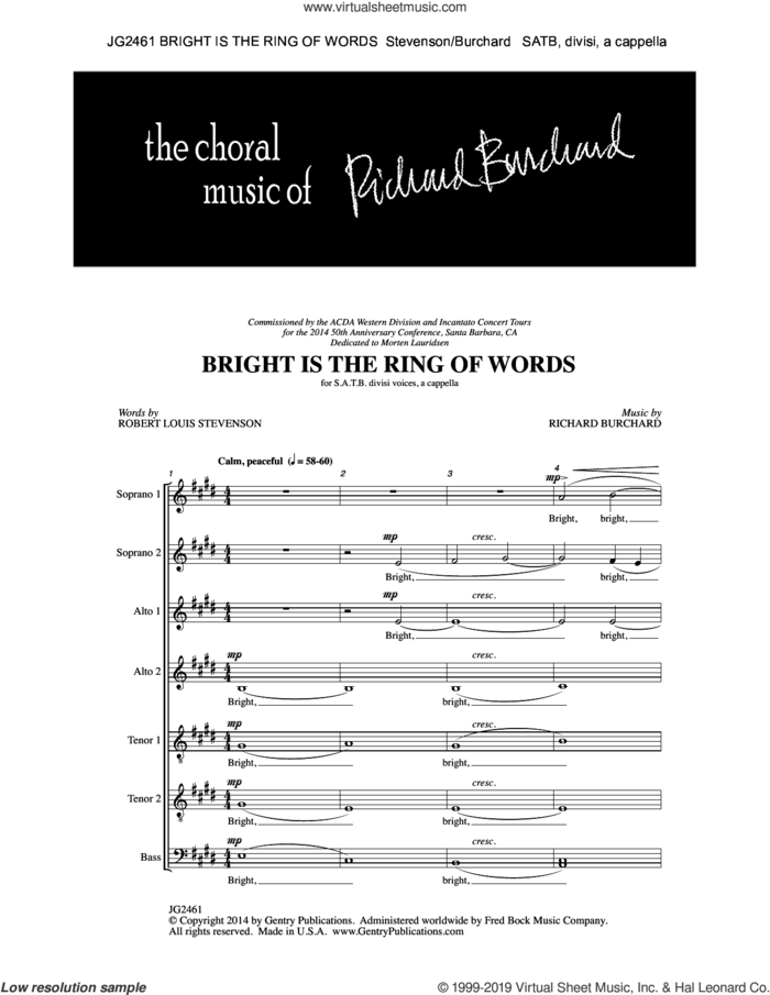 Bright Is the Ring of Words sheet music for choir (SATB: soprano, alto, tenor, bass) by Richard Burchard and Robert Louis Stevenson, intermediate skill level