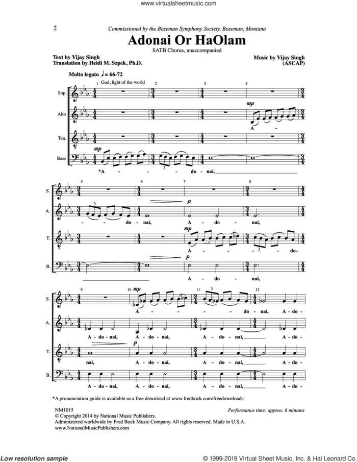 Adoni Or HaOlam sheet music for choir (SATB: soprano, alto, tenor, bass) by Vijay Singh, intermediate skill level