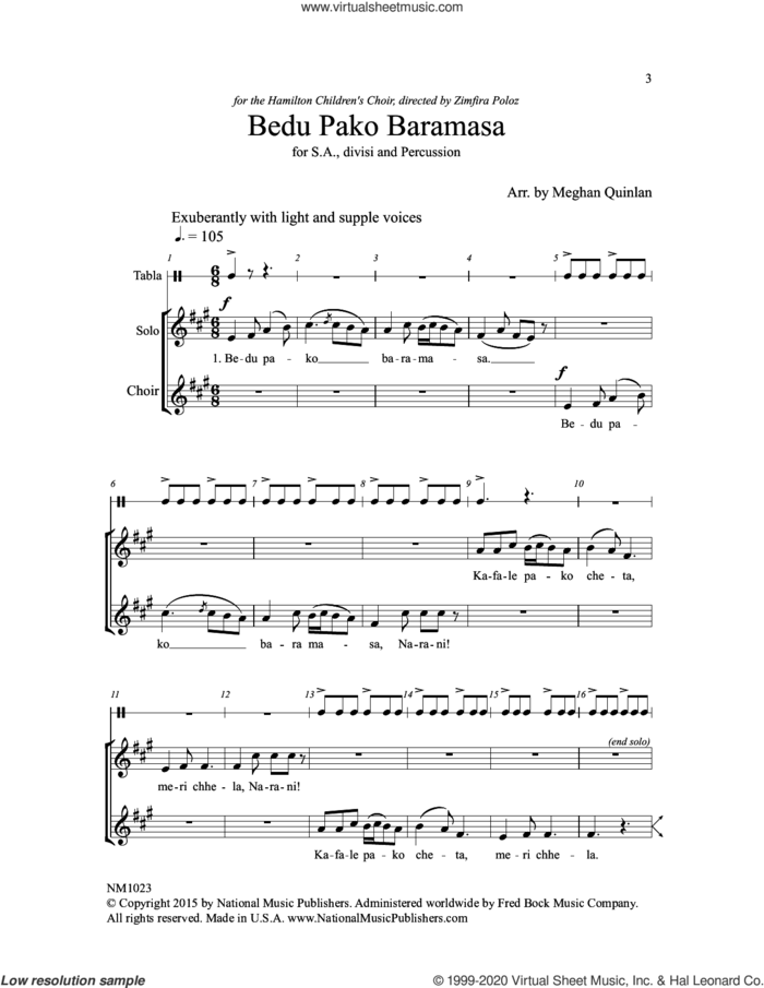 Bedu Pako Baramasa sheet music for choir (2-Part) by Meghan Quinlan, intermediate duet