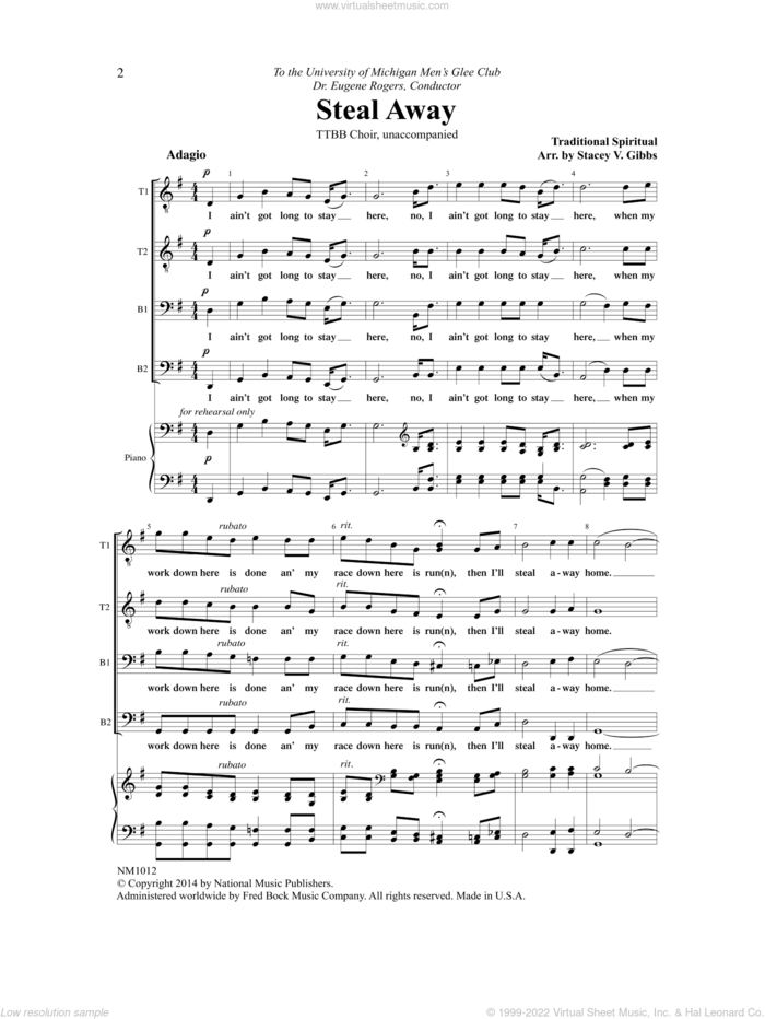 Steal Away sheet music for choir (TTBB: tenor, bass) by Stacey V. Gibbs, intermediate skill level