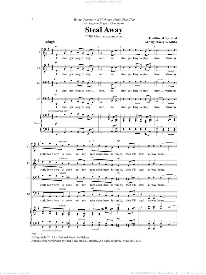 Steal Away sheet music for choir (TTBB: tenor, bass) by Stacey V. Gibbs, intermediate skill level