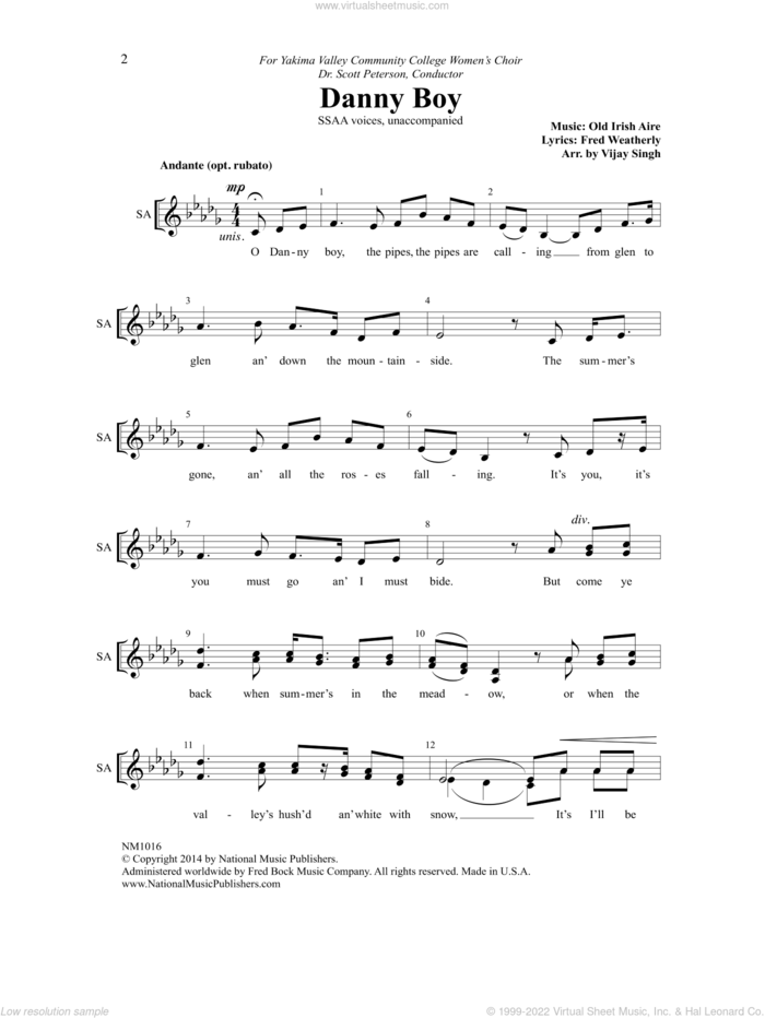 Danny Boy sheet music for choir (SSAA: soprano, alto) by Vijay Singh and Fred Weatherly, intermediate skill level
