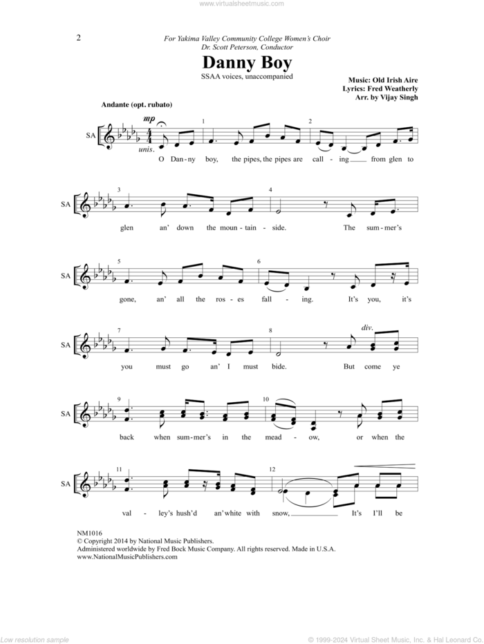 Danny Boy sheet music for choir (SSAA: soprano, alto) by Vijay Singh and Fred Weatherly, intermediate skill level