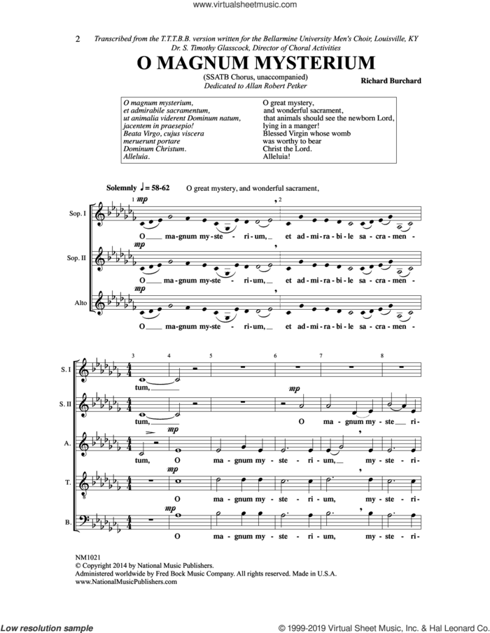 O Magnum Mysterium sheet music for choir (SSATB) by Richard Burchard, intermediate skill level