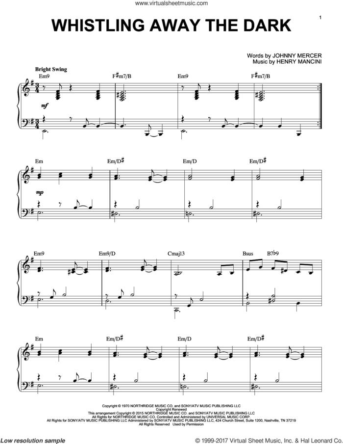Whistling Away The Dark [Jazz version] (arr. Brent Edstrom) sheet music for piano solo by Henry Mancini and Johnny Mercer, intermediate skill level