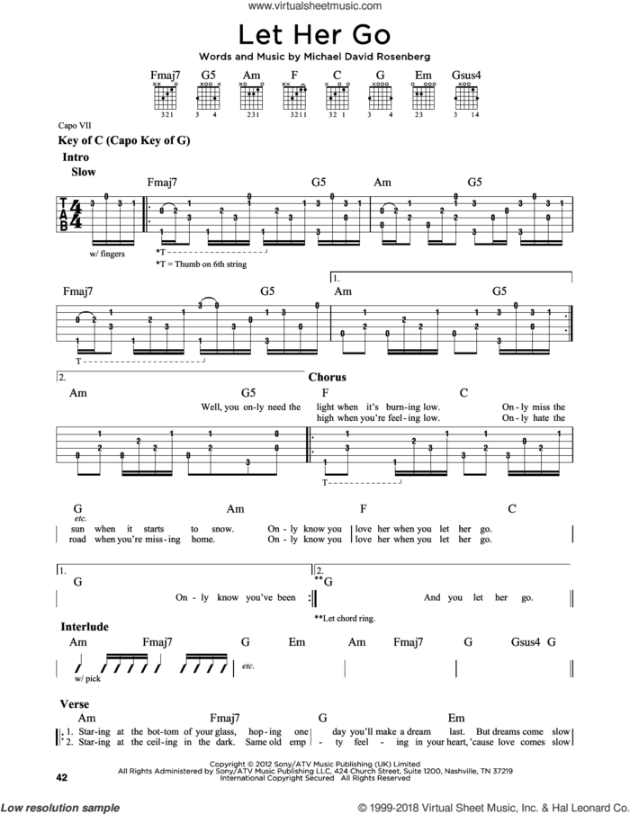 Let Her Go sheet music for guitar solo (lead sheet) by Passenger and Michael David Rosenberg, intermediate guitar (lead sheet)