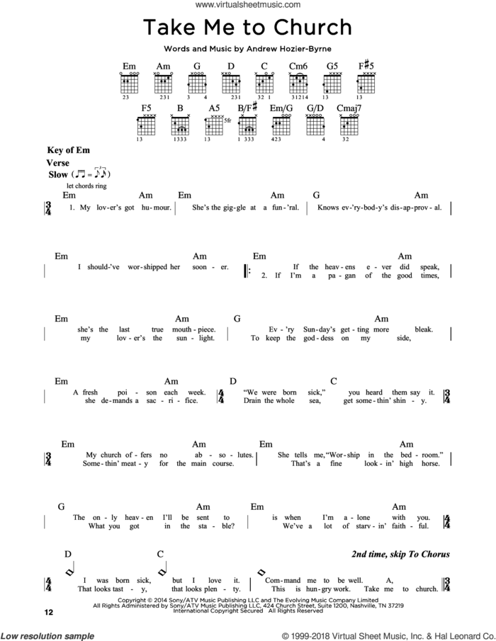 Take Me To Church sheet music for guitar solo (lead sheet) by Hozier and Andrew Hozier-Byrne, intermediate guitar (lead sheet)
