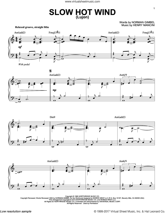 Slow Hot Wind (Lujon) [Jazz version] (arr. Brent Edstrom) sheet music for piano solo by Henry Mancini and Norman Gimbel, intermediate skill level