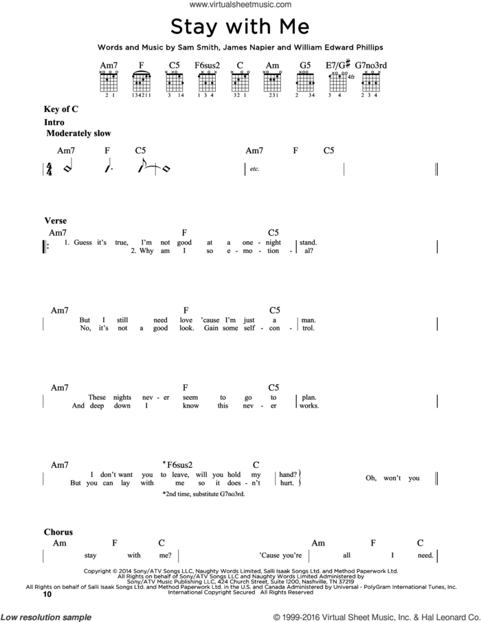 Stay With Me sheet music for guitar solo (lead sheet) by Sam Smith, James Napier, Jeff Lynne, Tom Petty and William Edward Phillips, intermediate guitar (lead sheet)