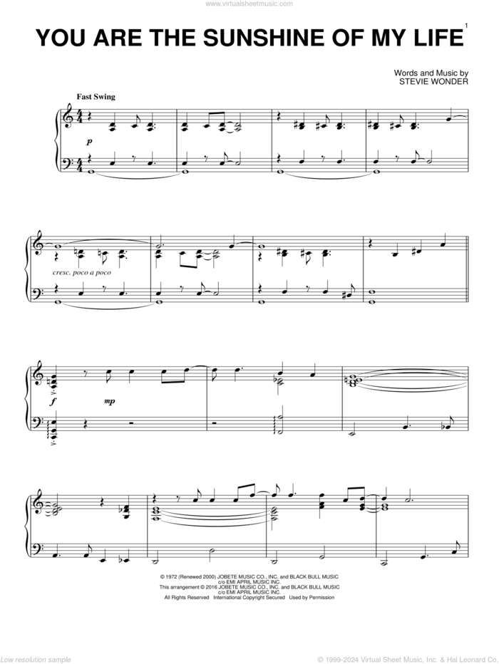 You Are The Sunshine Of My Life [Jazz version] sheet music for piano solo by Stevie Wonder, intermediate skill level