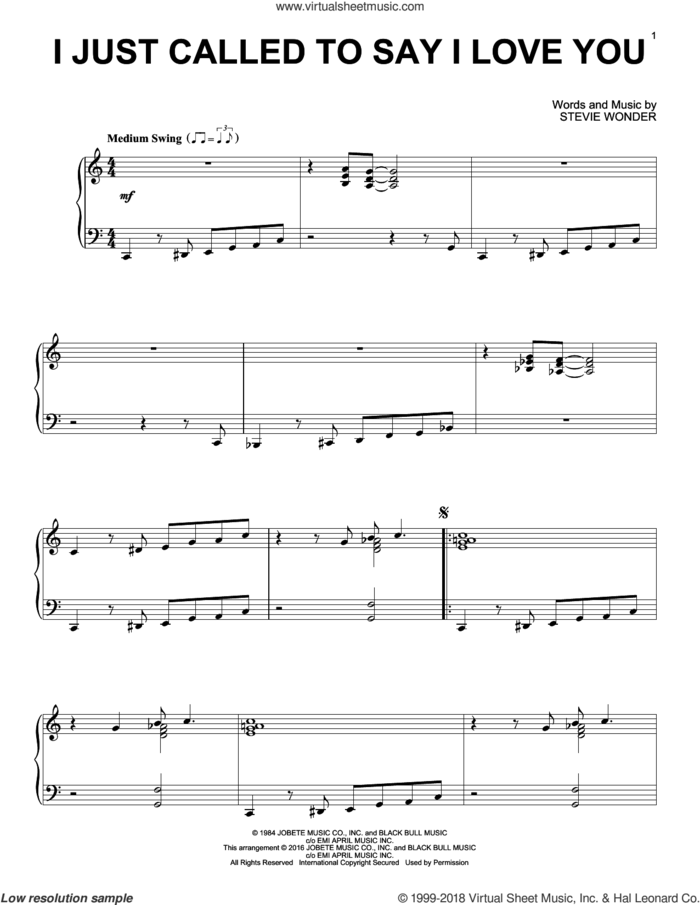 I Just Called To Say I Love You [Jazz version] sheet music for piano solo by Stevie Wonder, intermediate skill level