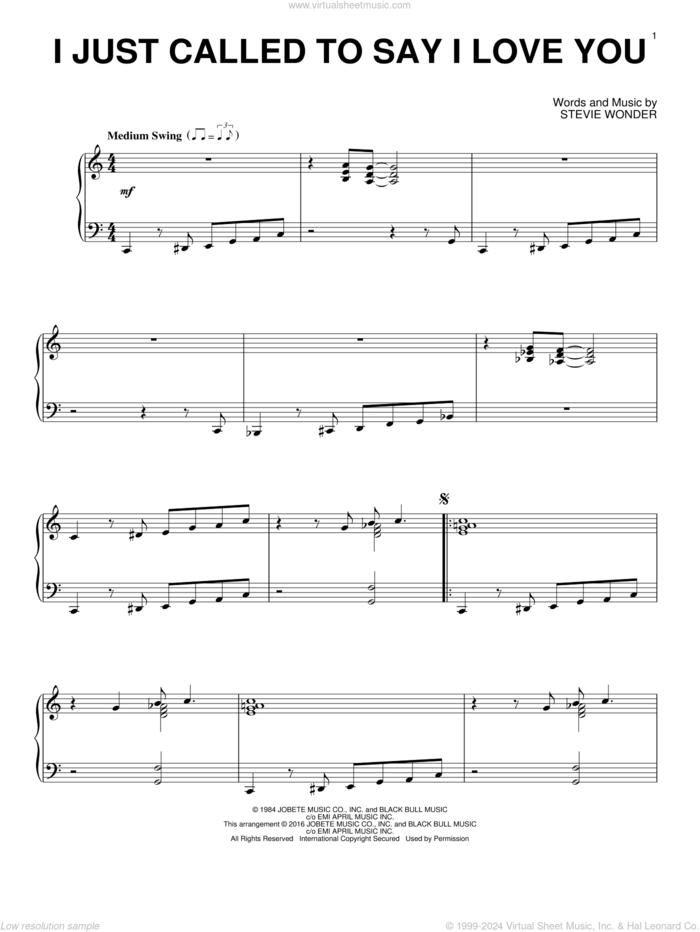 I Just Called To Say I Love You [Jazz version] sheet music for piano solo by Stevie Wonder, intermediate skill level