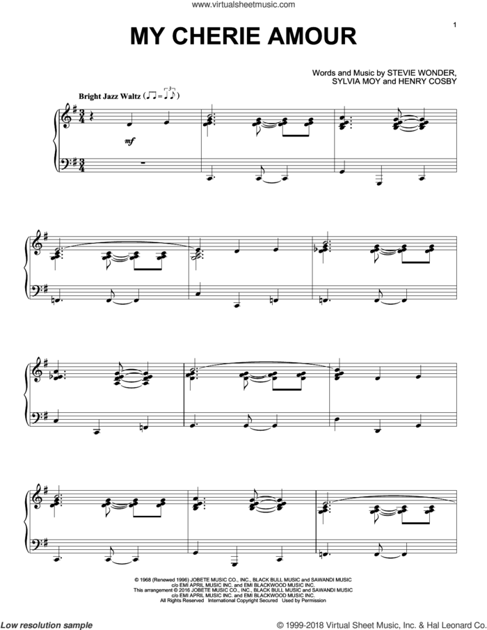 My Cherie Amour [Jazz version] sheet music for piano solo by Stevie Wonder, Henry Cosby and Sylvia Moy, intermediate skill level