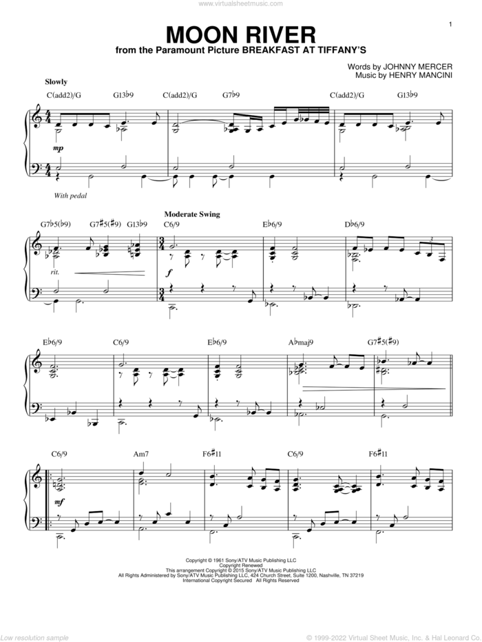 Moon River [Jazz version] (arr. Brent Edstrom) sheet music for piano solo by Henry Mancini, Andy Williams and Johnny Mercer, wedding score, intermediate skill level