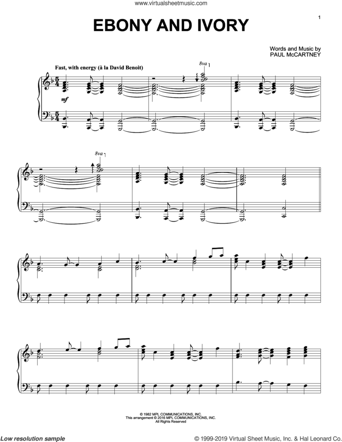 Ebony And Ivory [Jazz version] sheet music for piano solo by Paul McCartney, Paul McCartney and Stevie Wonder and Stevie Wonder, intermediate skill level