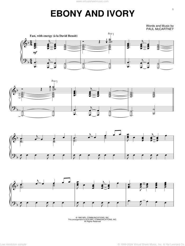 Ebony And Ivory [Jazz version] sheet music for piano solo by Paul McCartney, Paul McCartney and Stevie Wonder and Stevie Wonder, intermediate skill level