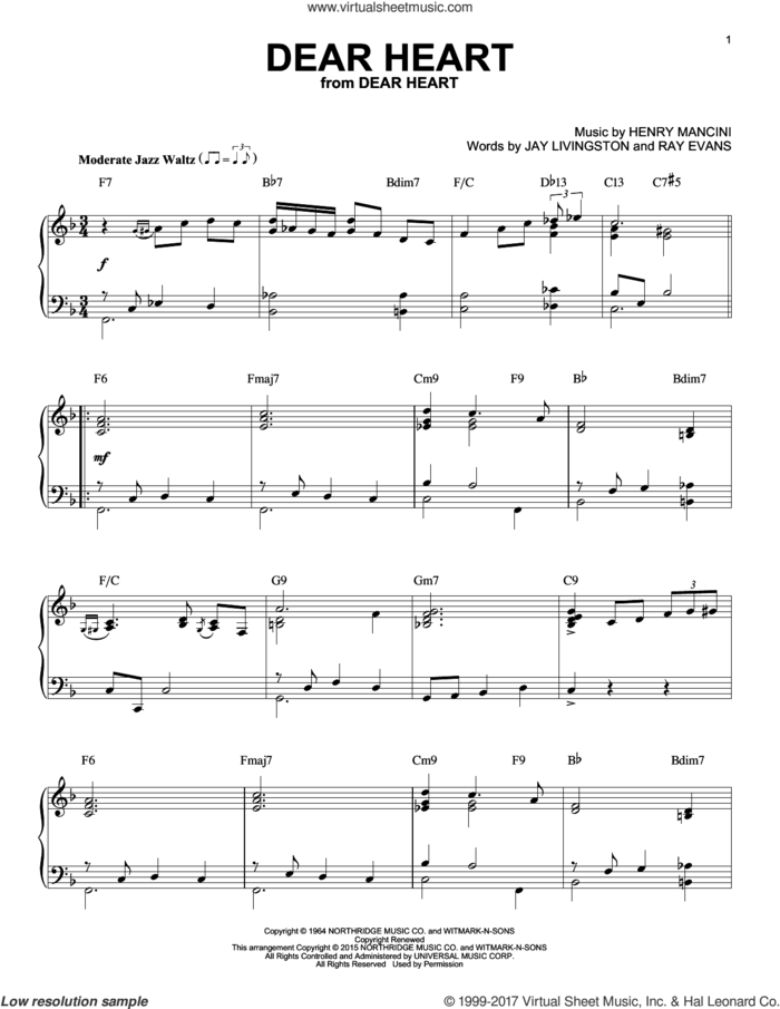 Dear Heart [Jazz version] (arr. Brent Edstrom) sheet music for piano solo by Henry Mancini, Jay Livingston and Ray Evans, intermediate skill level