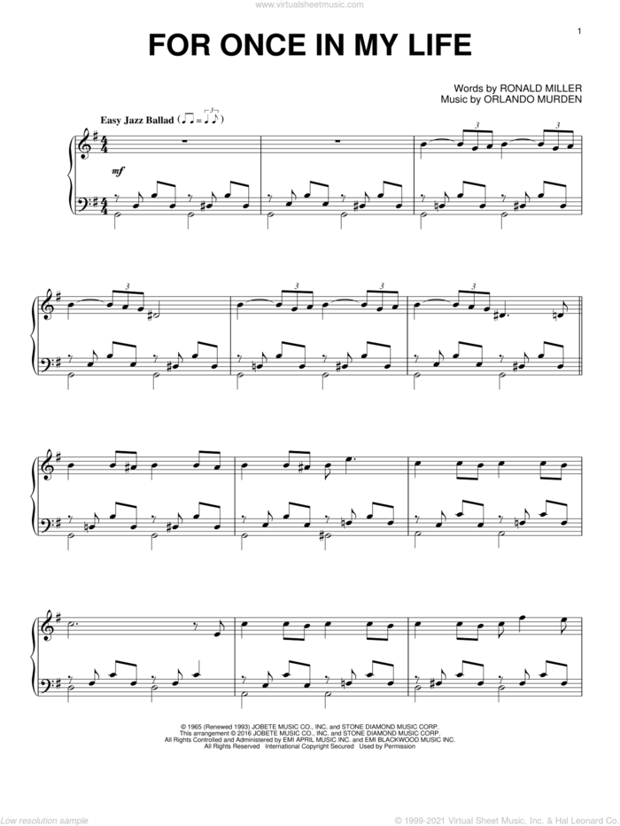 For Once In My Life [Jazz version] sheet music for piano solo by Stevie Wonder, Orlando Murden and Ron Miller, intermediate skill level