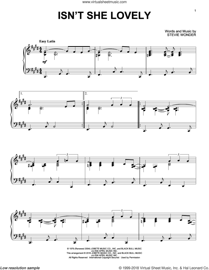 Isn't She Lovely [Jazz version] sheet music for piano solo by Stevie Wonder, intermediate skill level