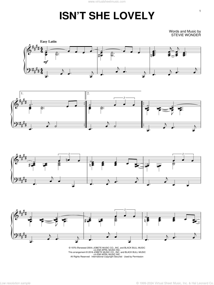 Isn't She Lovely [Jazz version] sheet music for piano solo by Stevie Wonder, intermediate skill level