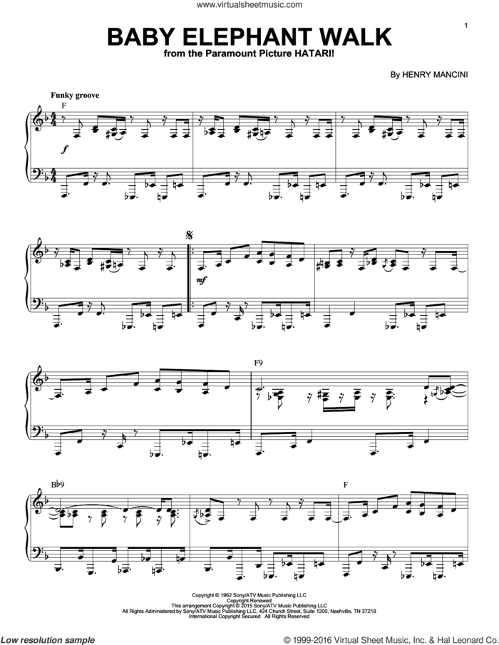Baby Elephant Walk [Jazz version] (arr. Brent Edstrom) sheet music for piano solo by Henry Mancini, Lawrence Welk, Miniature Men and Hal David, intermediate skill level