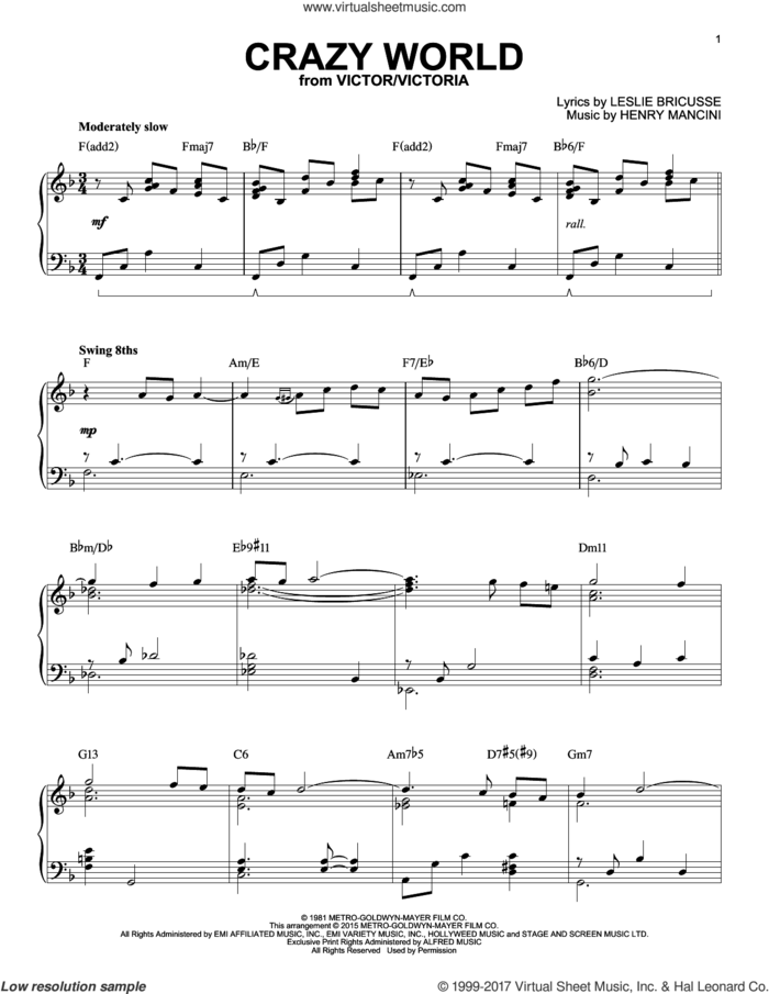 Crazy World [Jazz version] (arr. Brent Edstrom) sheet music for piano solo by Henry Mancini and Leslie Bricusse, intermediate skill level