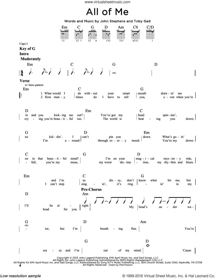 All Of Me sheet music for guitar solo (lead sheet) by John Legend, John Stephens and Toby Gad, wedding score, intermediate guitar (lead sheet)