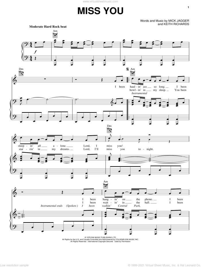 Miss You sheet music for voice, piano or guitar by The Rolling Stones, Keith Richards and Mick Jagger, intermediate skill level