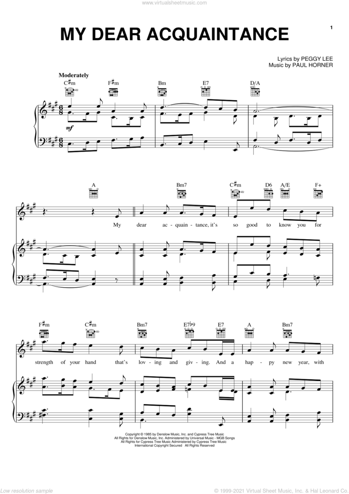 My Dear Acquaintance sheet music for voice, piano or guitar by Peggy Lee, Paul Horner and Regina Spektor, intermediate skill level
