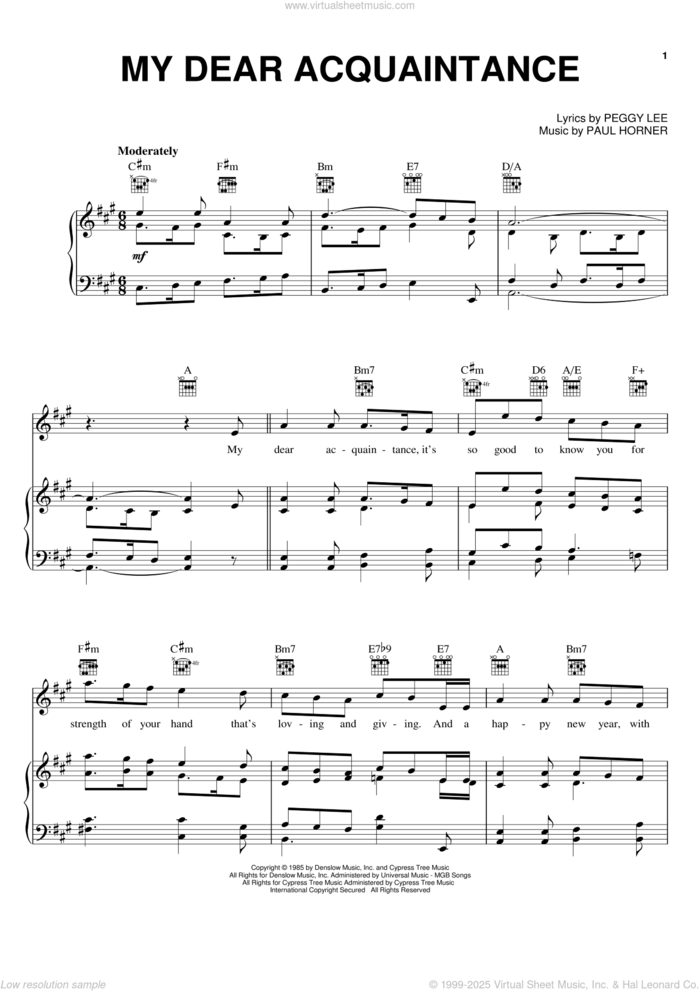 My Dear Acquaintance sheet music for voice, piano or guitar by Peggy Lee, Paul Horner and Regina Spektor, intermediate skill level