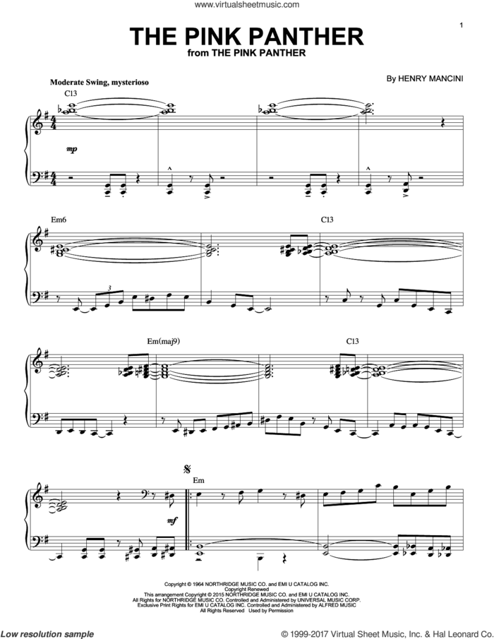 The Pink Panther [Jazz version] (arr. Brent Edstrom) sheet music for piano solo by Henry Mancini, intermediate skill level