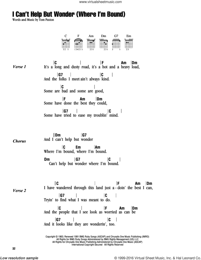 I Can't Help But Wonder (Where I'm Bound) sheet music for guitar (chords) by Tom Paxton, intermediate skill level