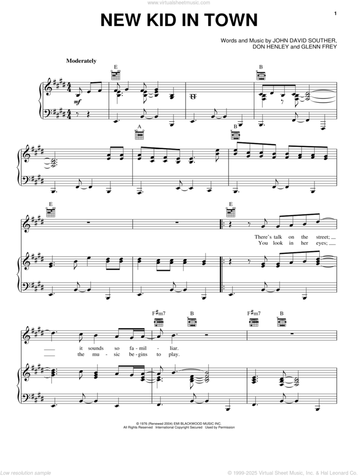 New Kid In Town sheet music for voice, piano or guitar by Don Henley, The Eagles, Glenn Frey and John David Souther, intermediate skill level