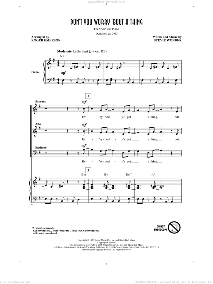 Don't You Worry 'Bout A Thing (arr. Roger Emerson) sheet music for choir (SAB: soprano, alto, bass) by Stevie Wonder and Roger Emerson, intermediate skill level