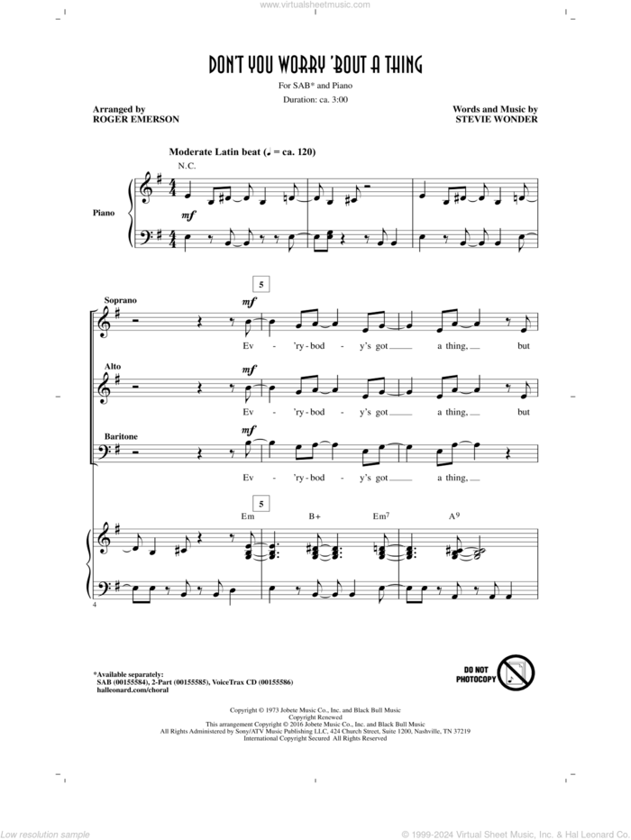 Don't You Worry 'Bout A Thing (arr. Roger Emerson) sheet music for choir (SAB: soprano, alto, bass) by Stevie Wonder and Roger Emerson, intermediate skill level