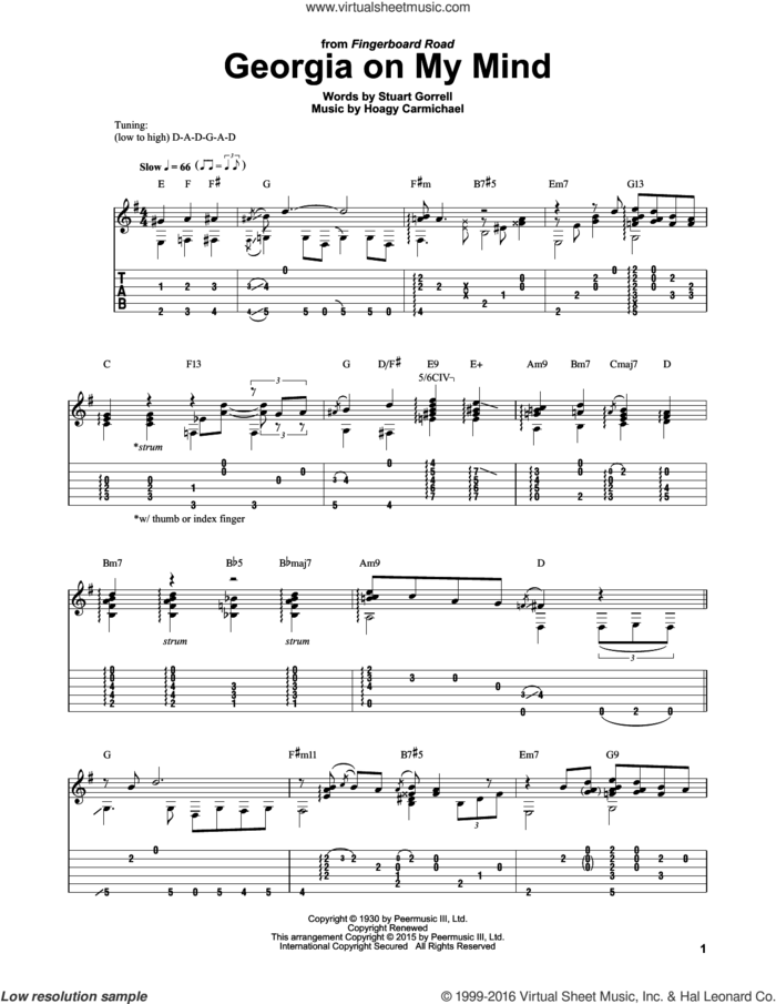Georgia On My Mind sheet music for guitar solo by Hoagy Carmichael, Laurence Juber, Ray Charles, Willie Nelson and Stuart Gorrell, intermediate skill level