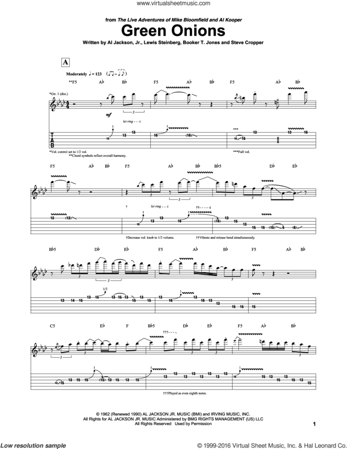 Green Onions sheet music for guitar (tablature) by Mike Bloomfield & Al Kooper, Mike Bloomfield, Al Jackson, Jr., Booker T. Jones, Lewis Steinberg and Steve Cropper, intermediate skill level